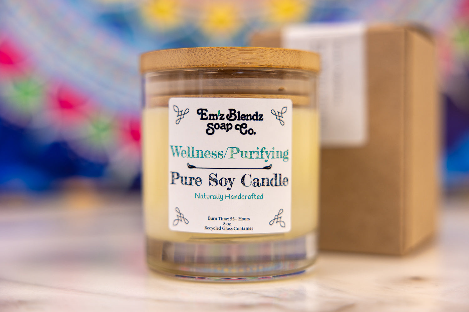 Wellness Soy Wax Candle in Glass Jar with Bamboo Lid | Purifying Aroma Em'z Blendz Soap Co.