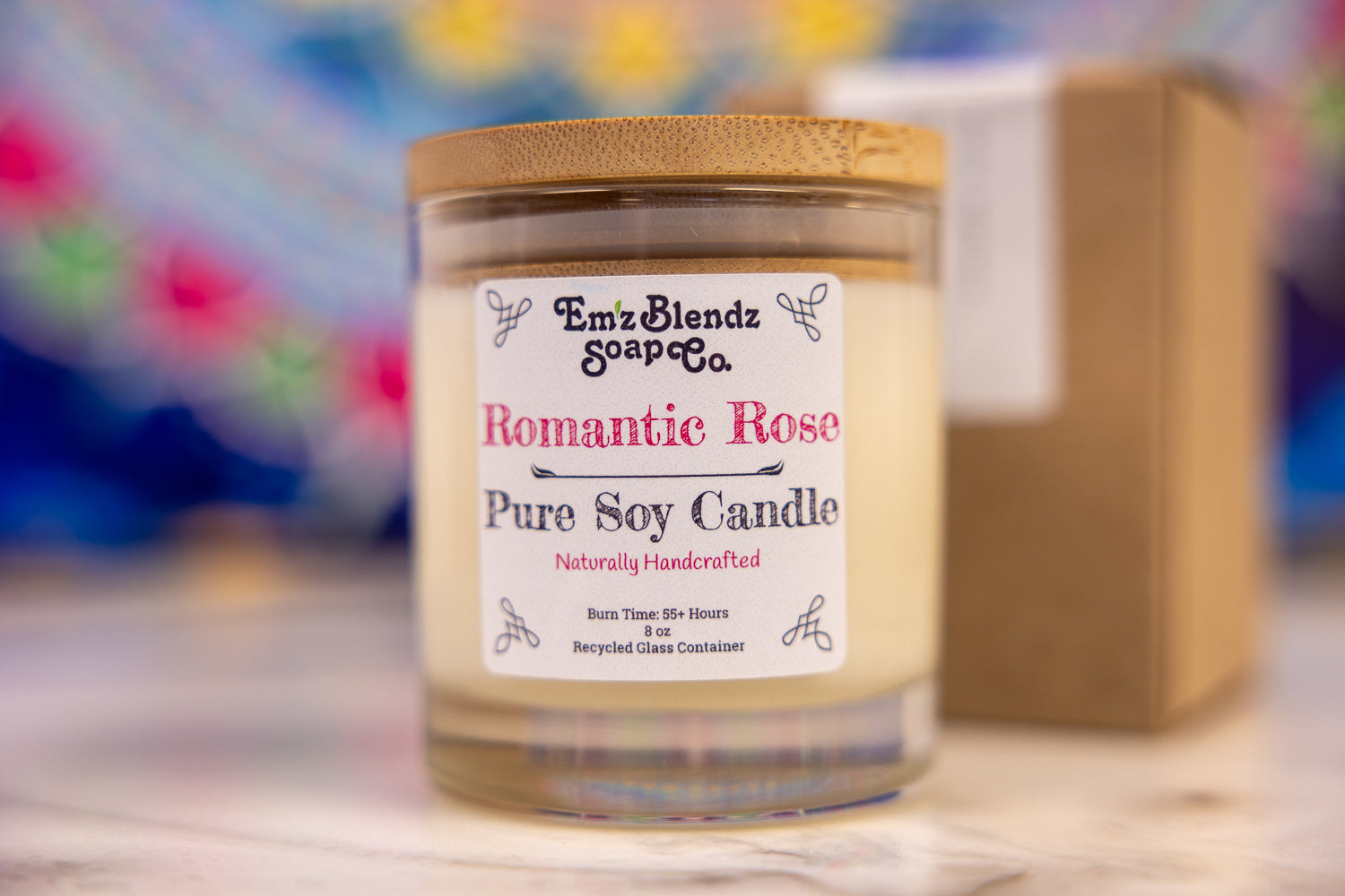 Romantic Rose Soy Wax Candle in Glass Jar with Bamboo Lid | Enchanting Aroma    Em'z Blendz Soap Co.
