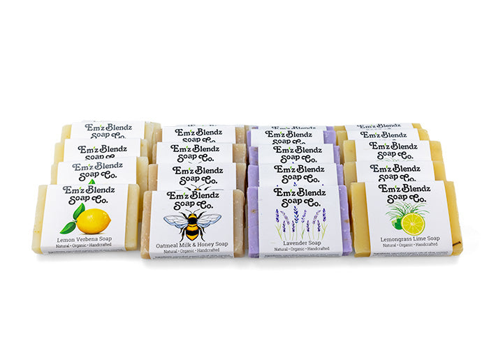 Guest Soap | Handcrafted Organic Boutique Hotel, Inn Guest Amenity Mini Soap Bars Assorted Mix Stock Wrapped (Emz Blendz label) 100 Em'z Blendz Soap Co.